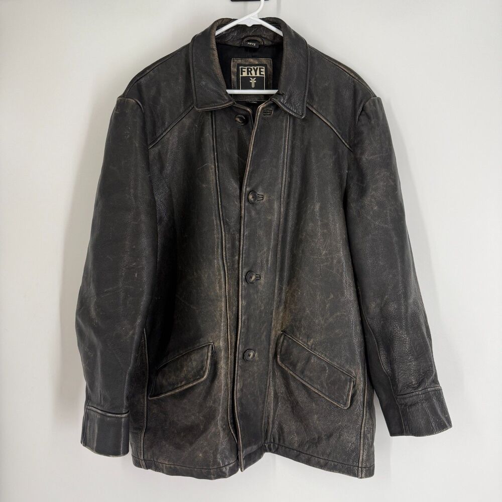Frye Men’s Classic Rugged Distressed Vintage Button Up Leather Jacket Size XL